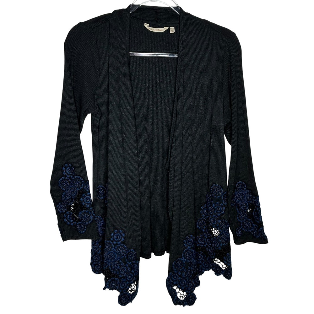 Soft Surroundings Womens Petite Small Black Open Front Cardigan Ribbed Lace Trim